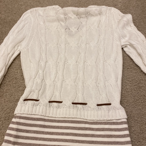 Cream Ribbed Sweater with Tan Striped Accents at bottom - Picture 5 of 5